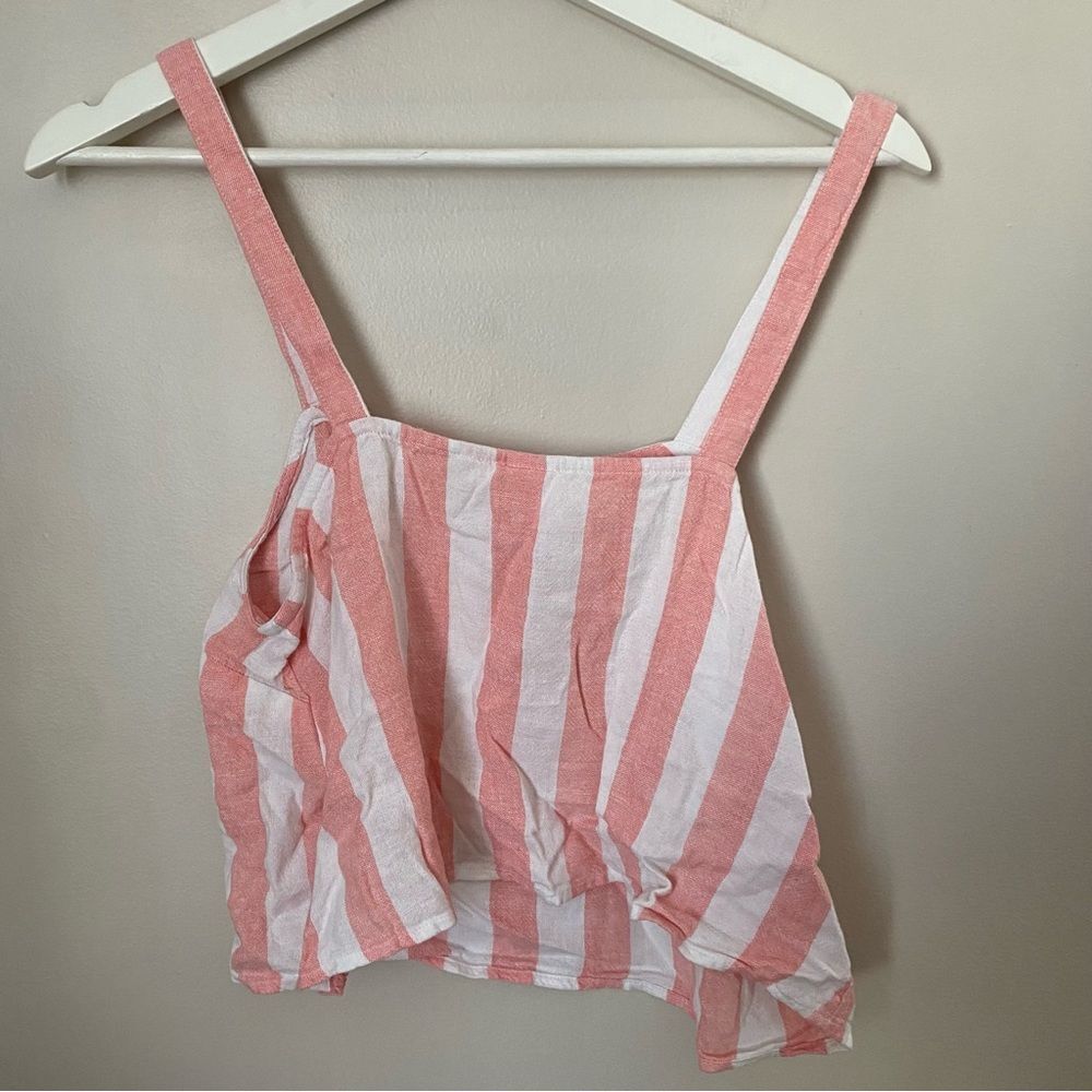 Abound Tank Top Cropped Stripes Pink White Vertical Neutral Linen Rayon Casual - Picture 3 of 6